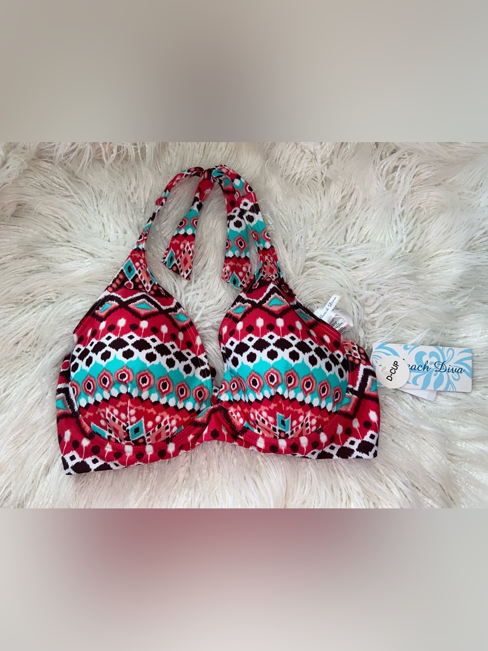 Halter Bikini Top in Red & Teal Geometric Print